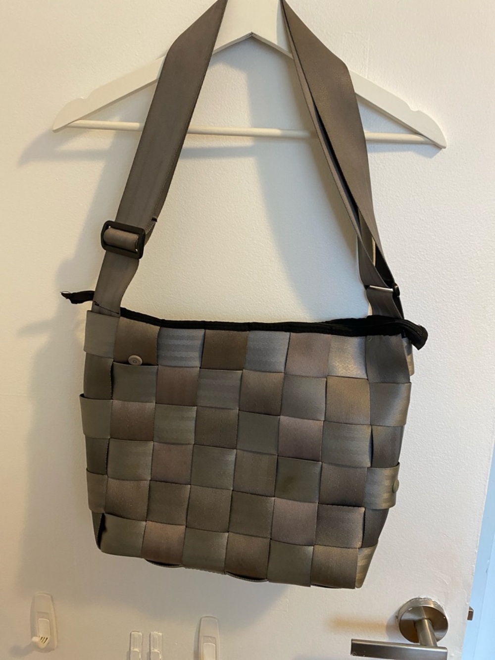 Woven Gray Crossbody Shoulder Bag made of car seat belts!